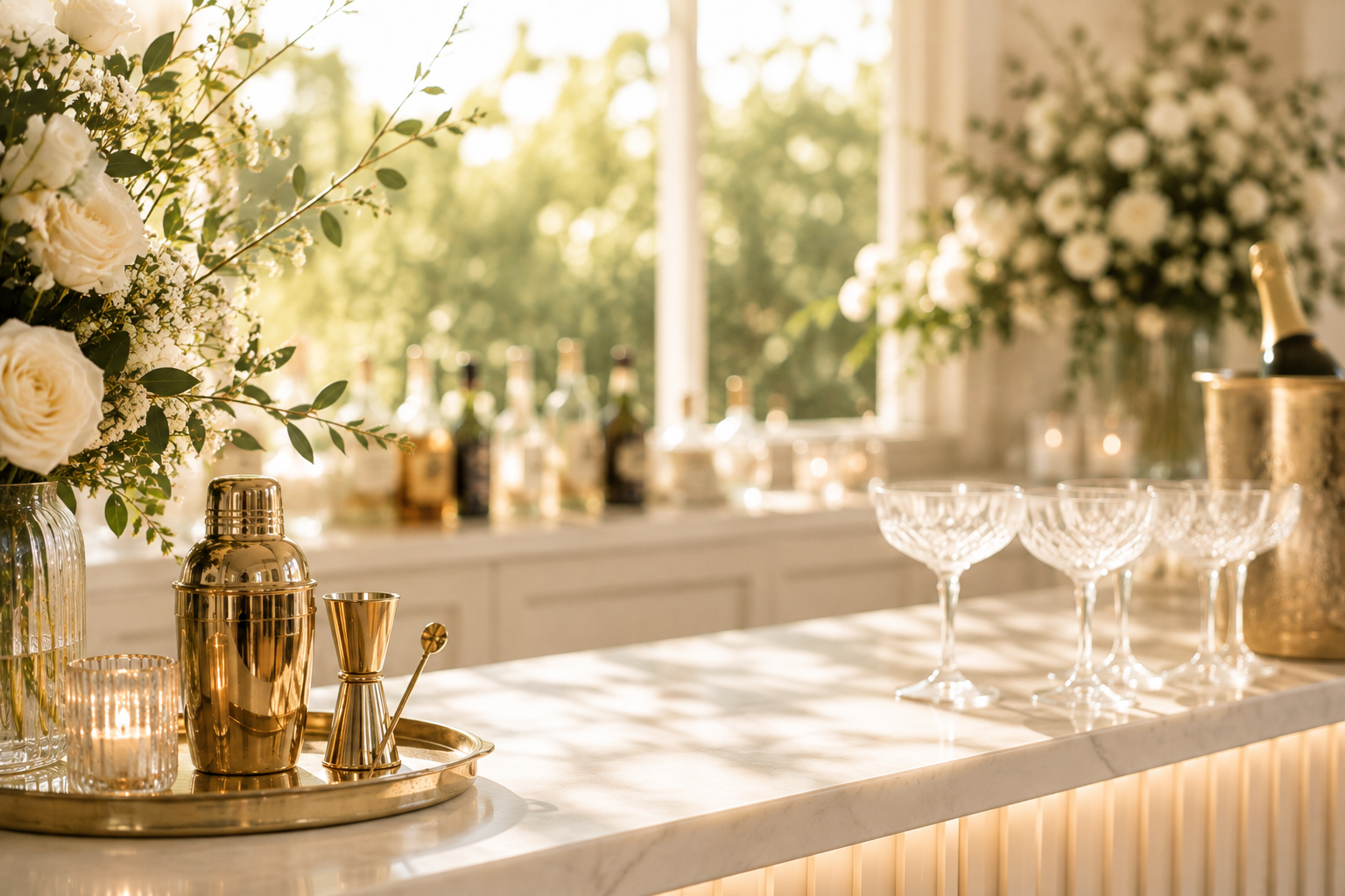Elegant mobile bar setup surrounded by white florals